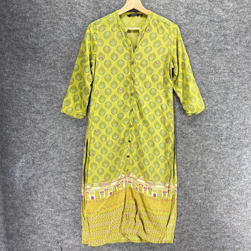 Melange Shirt Dress Women S Small Yellow Geometric Maxi 3/4 Sleeve V-Neck Rayon